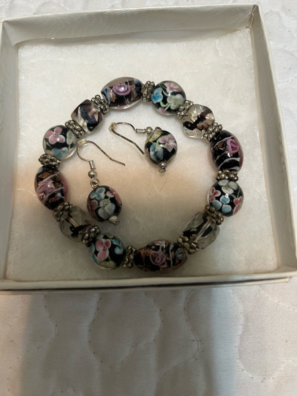 Murano Wedding Cake Floral Black Glass Bead Bracelet and Earrings Set